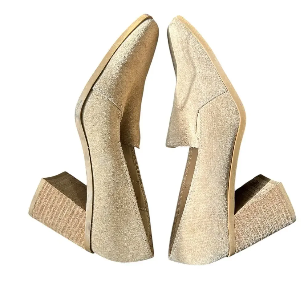Joie‎ Wevenly Suede Block Heel Loafers Tan Minimalist Square Toe Slip-On Shoes
